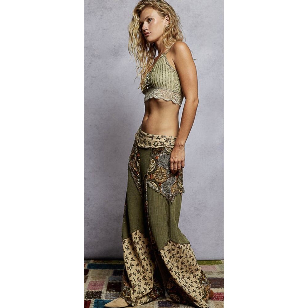 POL Double Gauze Patchwork Pants in Olive - Picture 3 of 6